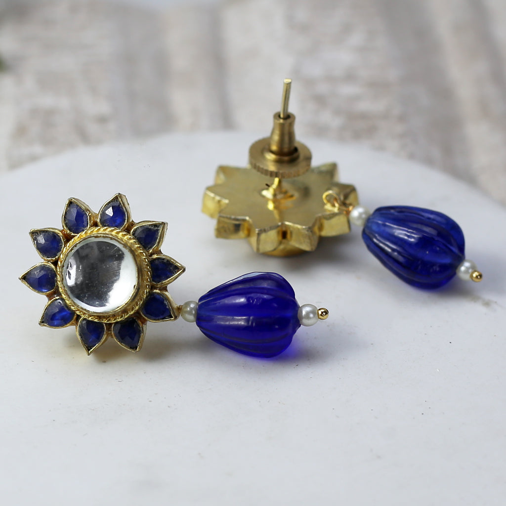 Blue Kundan Flower Drop Earring