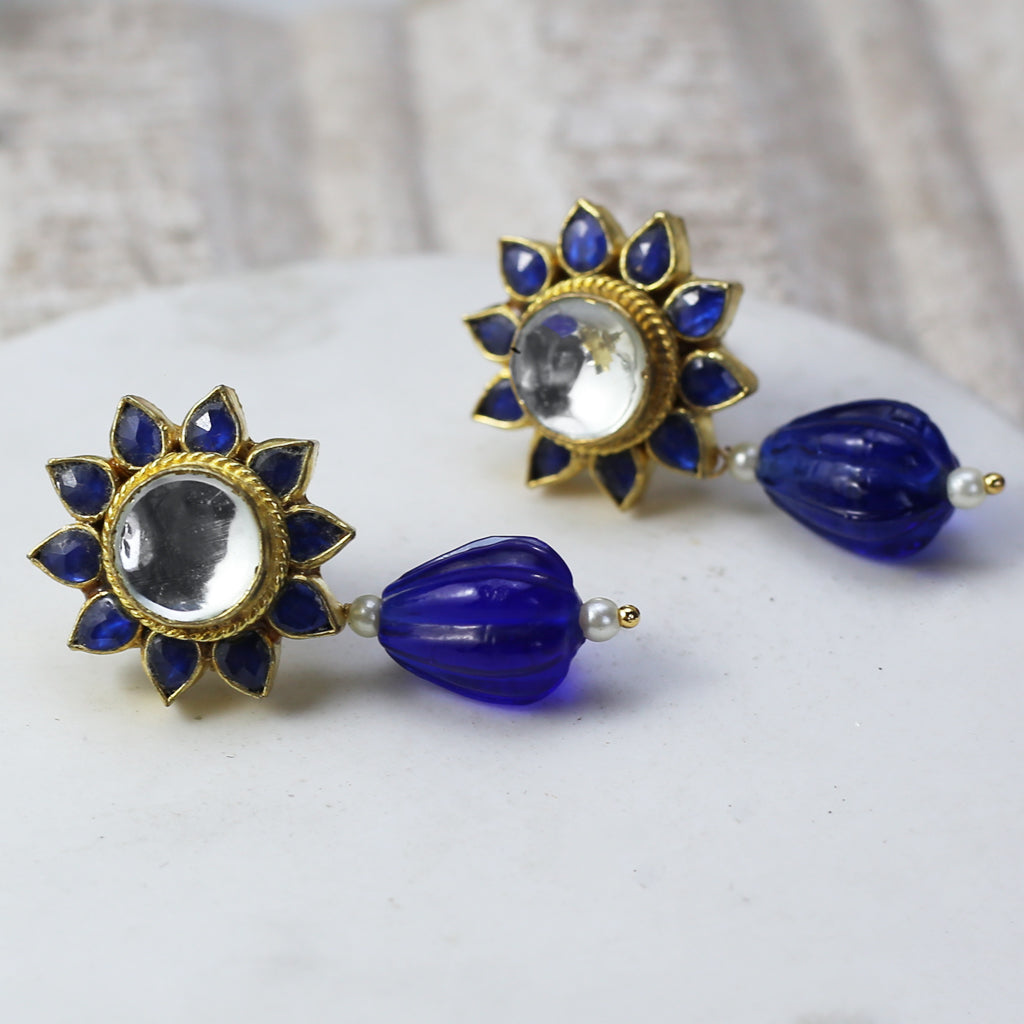 Blue Kundan Flower Drop Earring