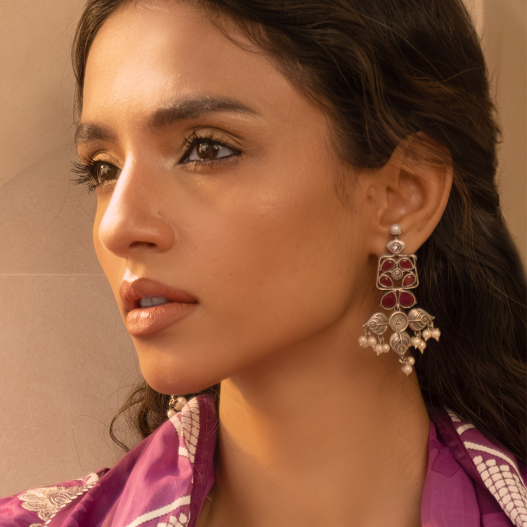 Peach Tribal Flower Drop Earring