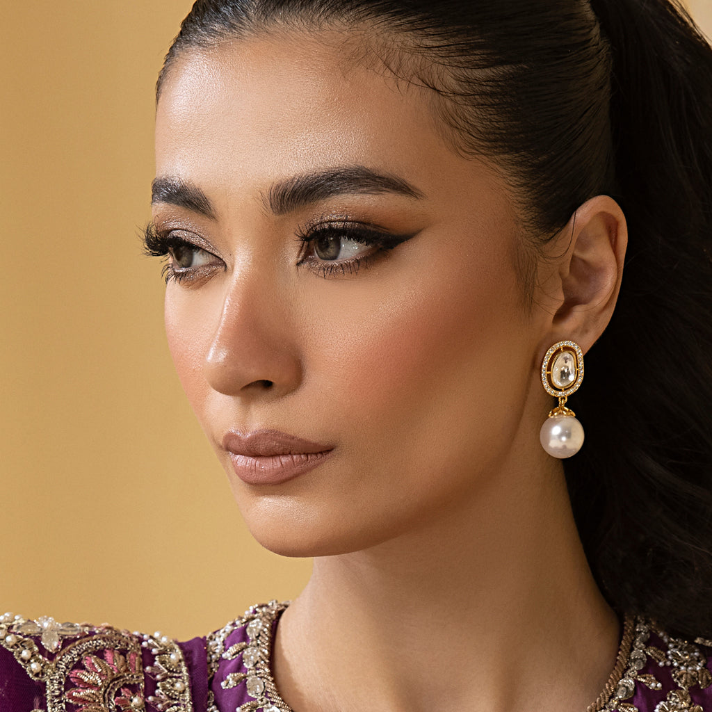 White Pearl Gold Drop Earring