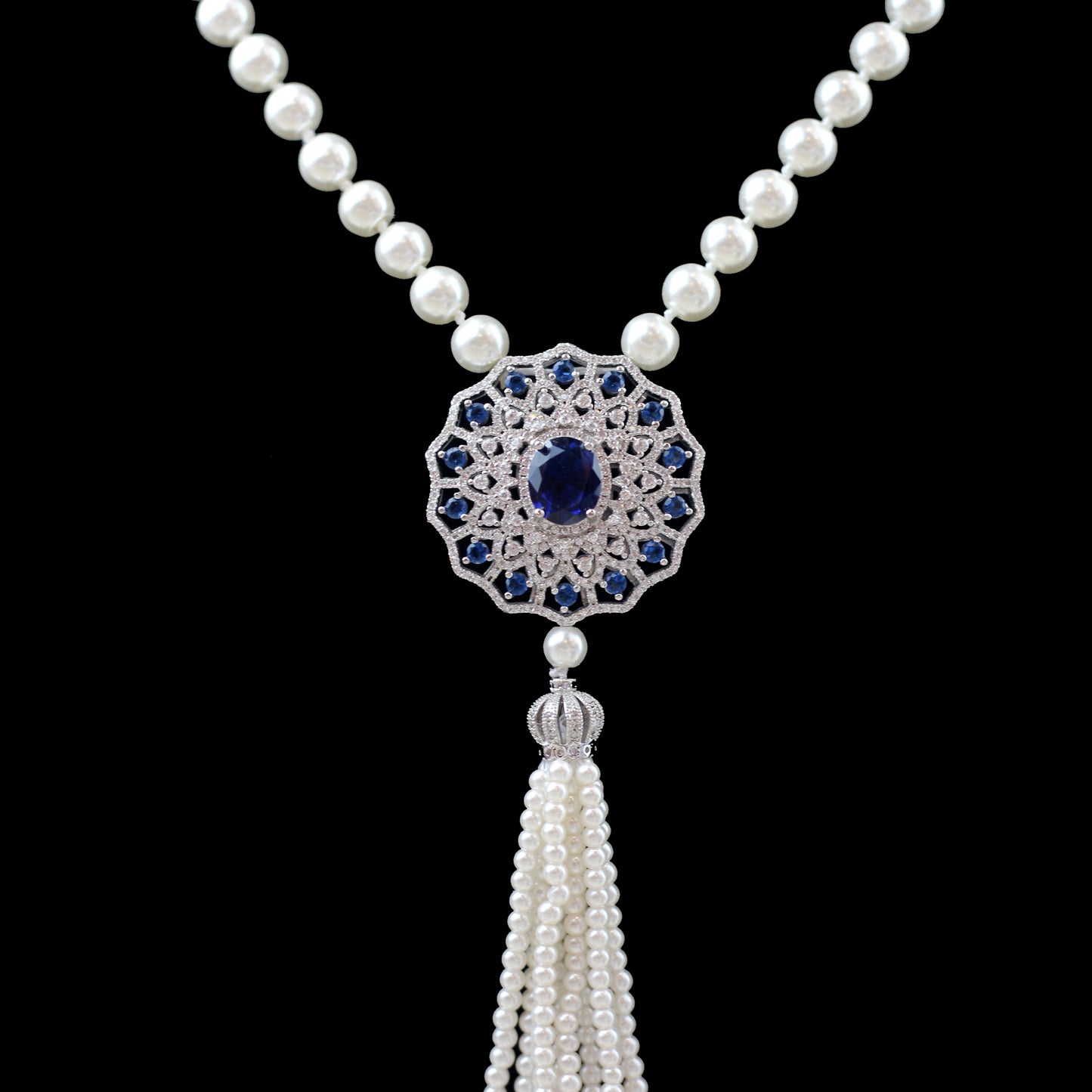 Blue Long Pearl Zircon Mala