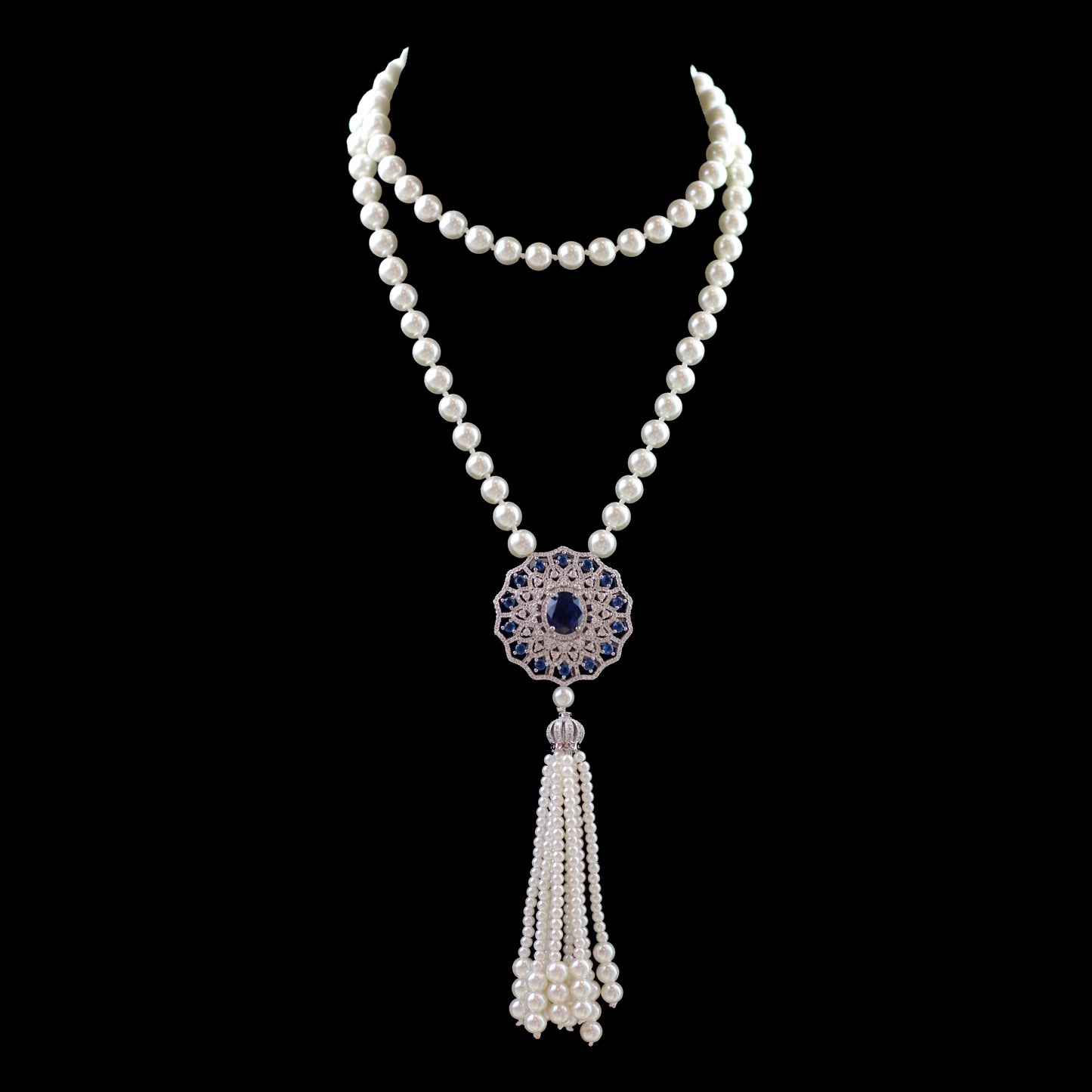 Blue Long Pearl Zircon Mala