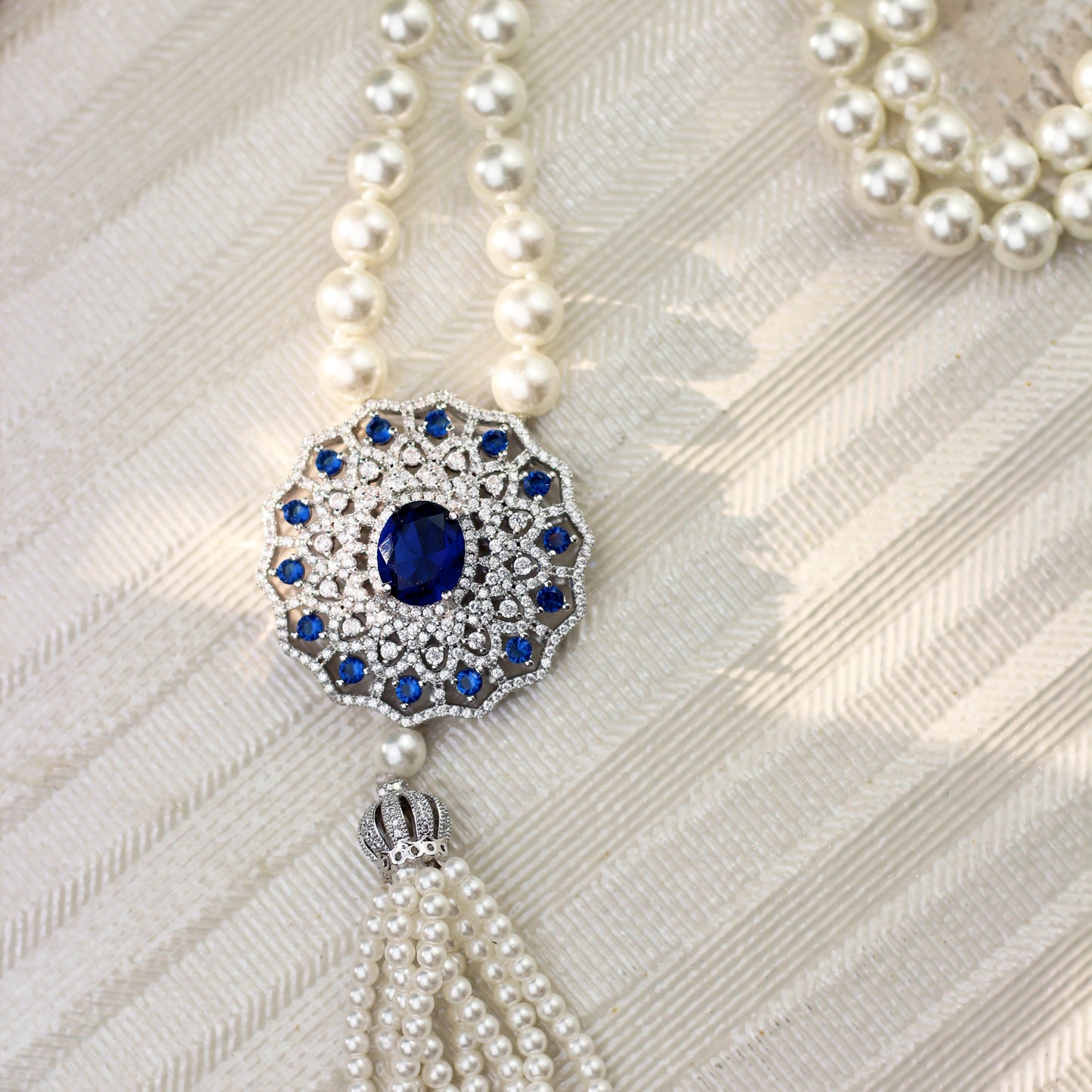Blue Long Pearl Zircon Mala