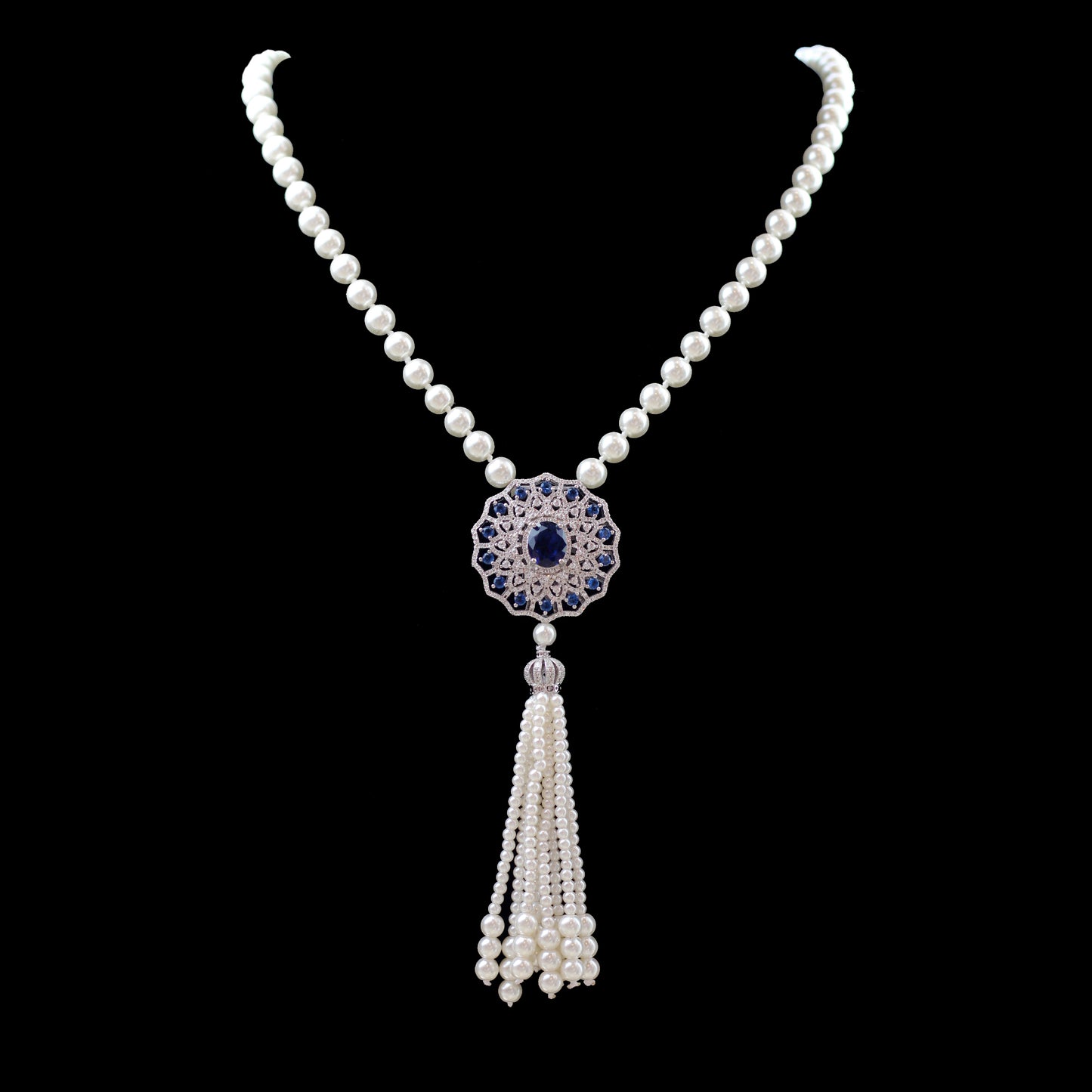 Blue Long Pearl Zircon Mala