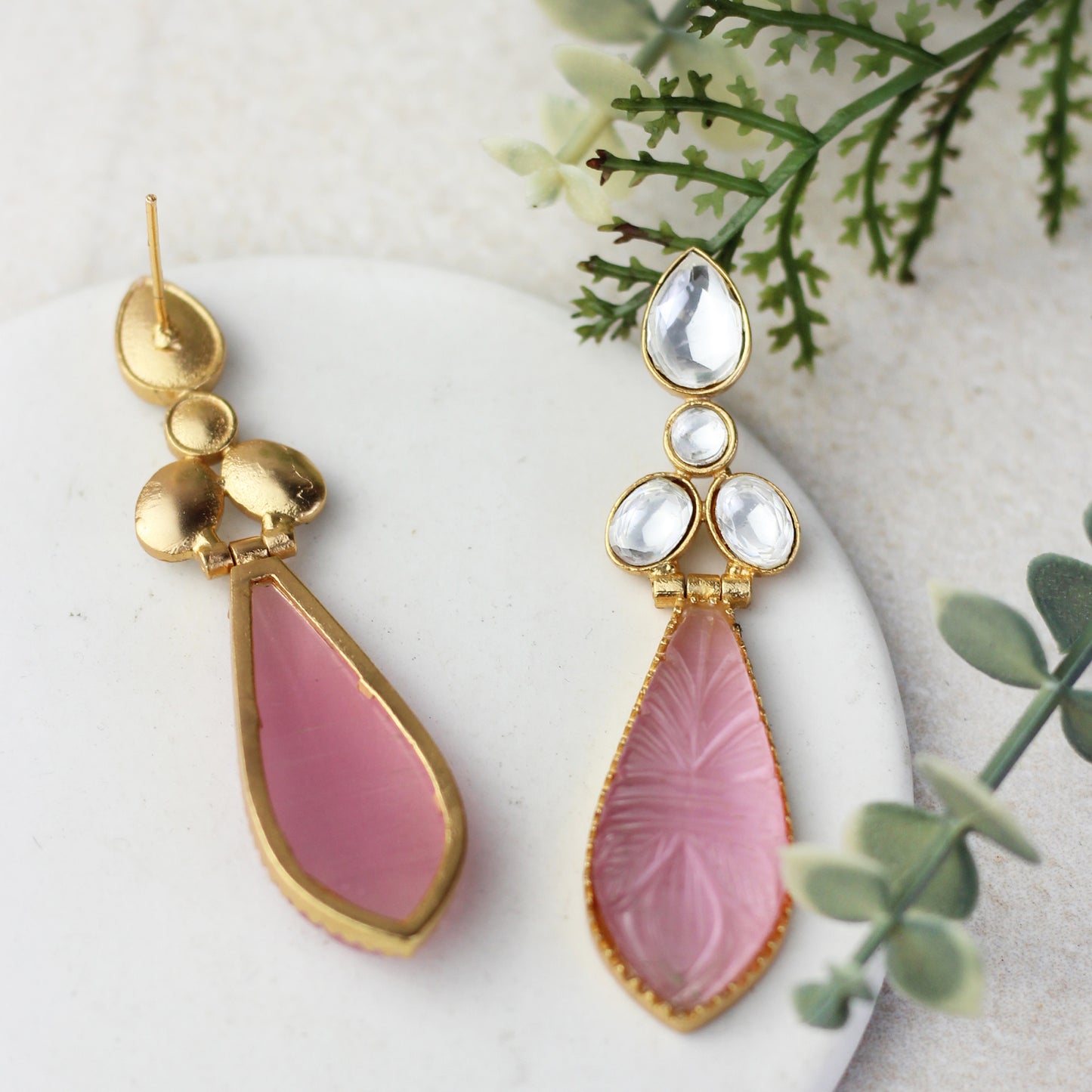Pink Carved Drop Earring
