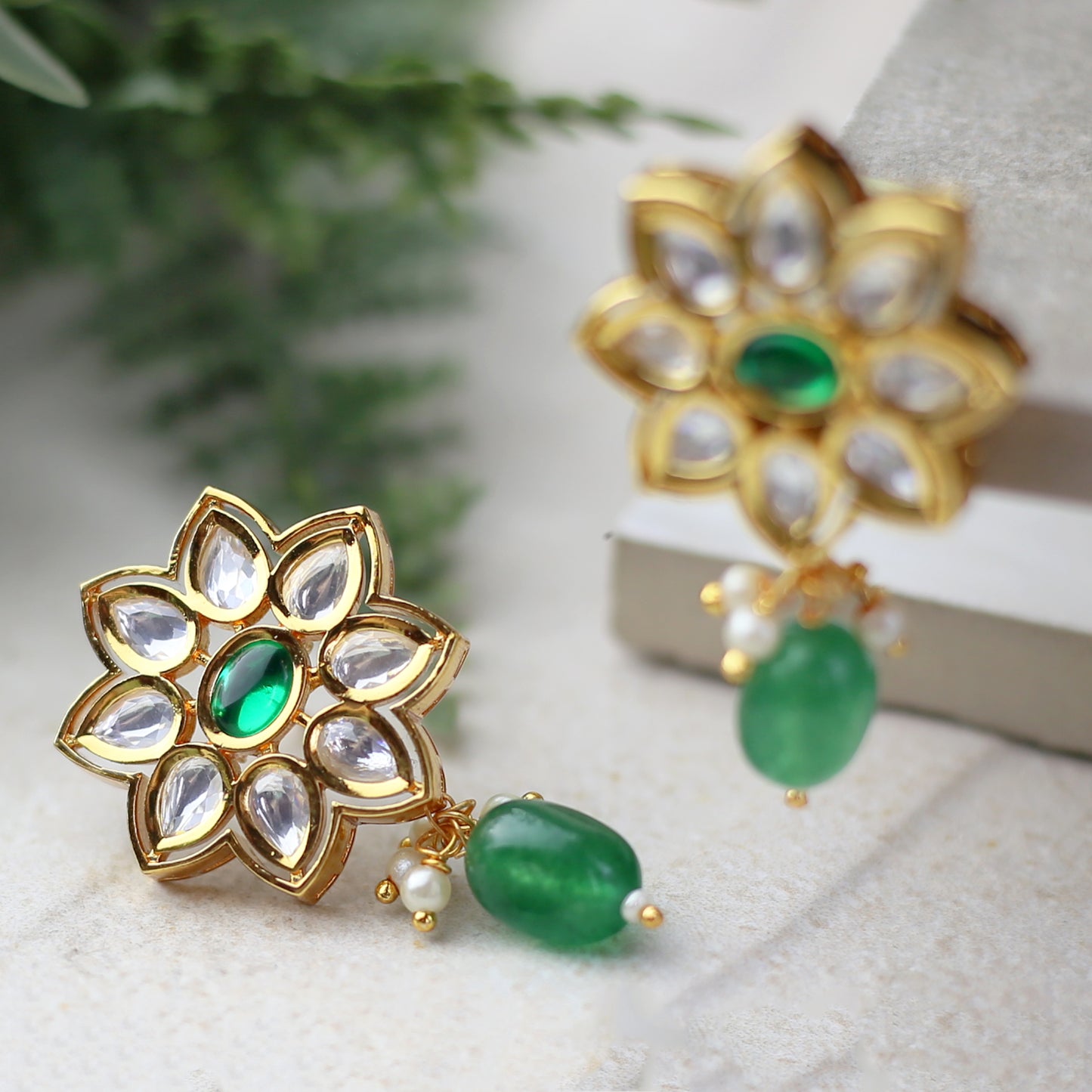 Kundan Flower Green Drop Earring