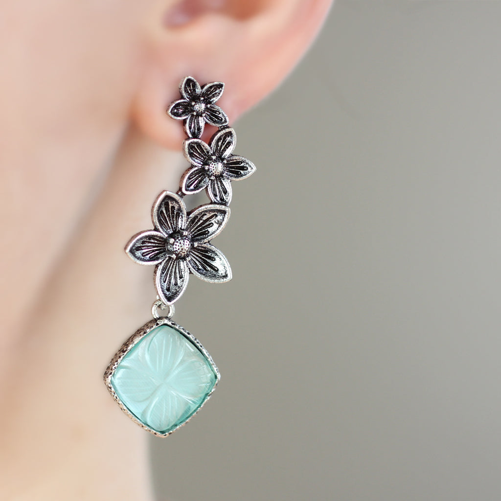 Turquoise Tribal Flower Drop Earring