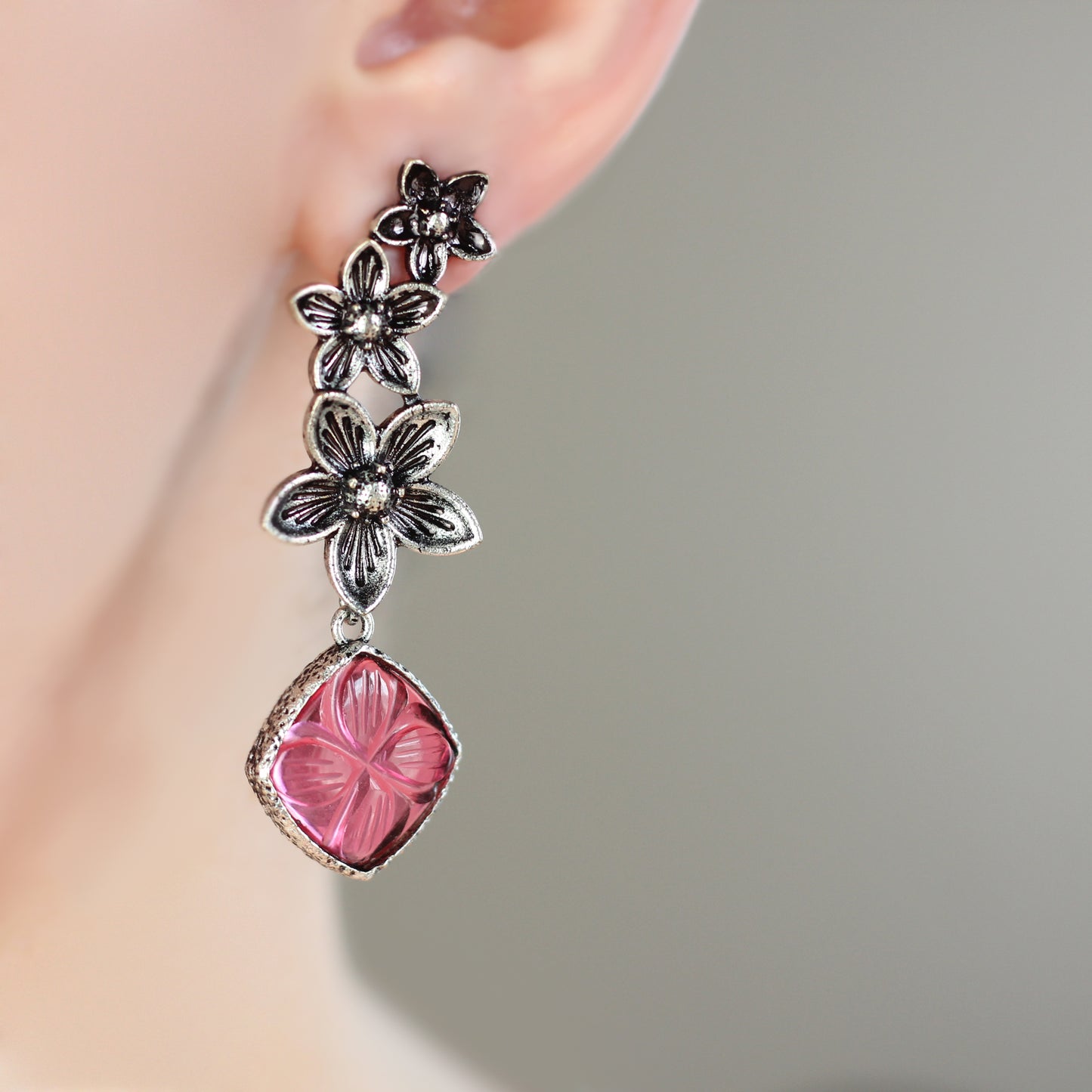 Tribal Red Flower Drop Earring