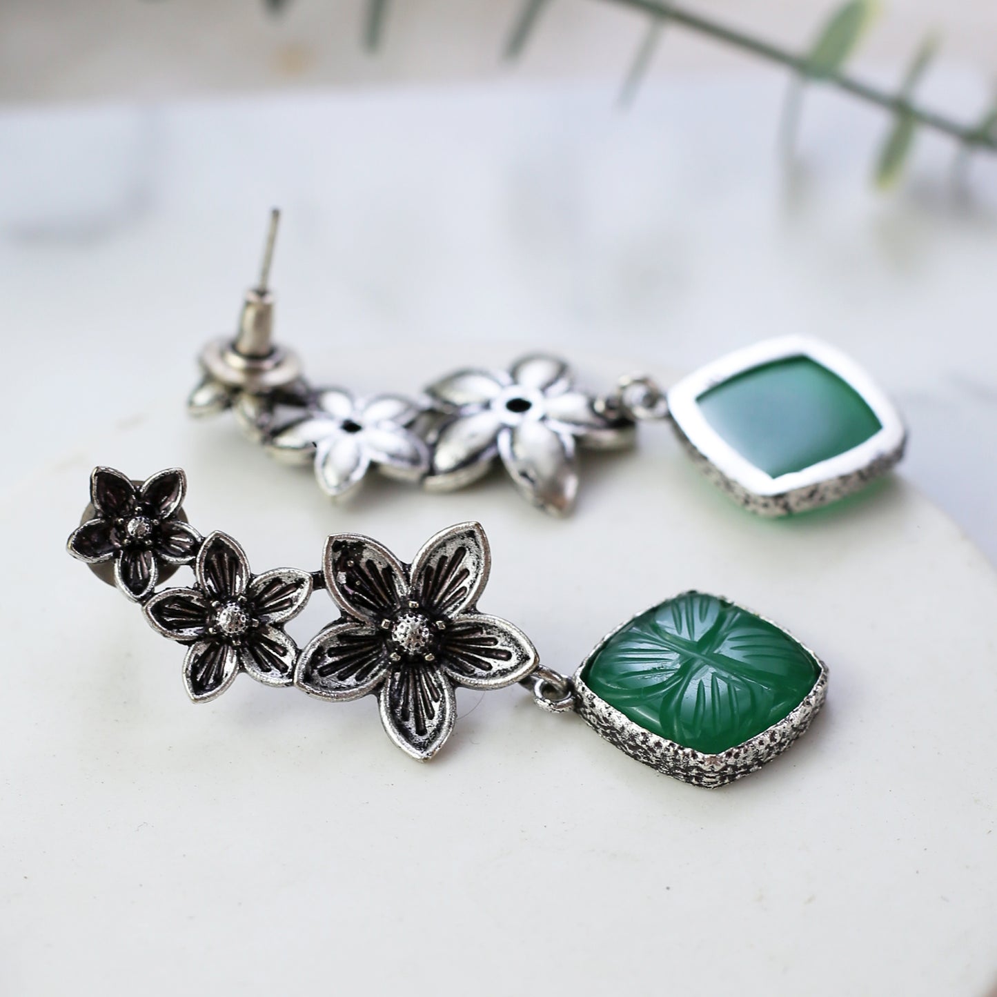 Green Tribal Flower Drop Earring