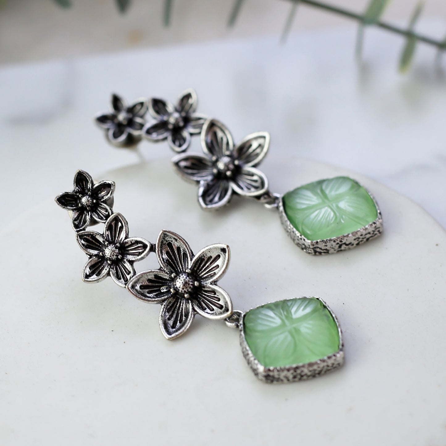 Light Green Tribal Flower Drop Earring