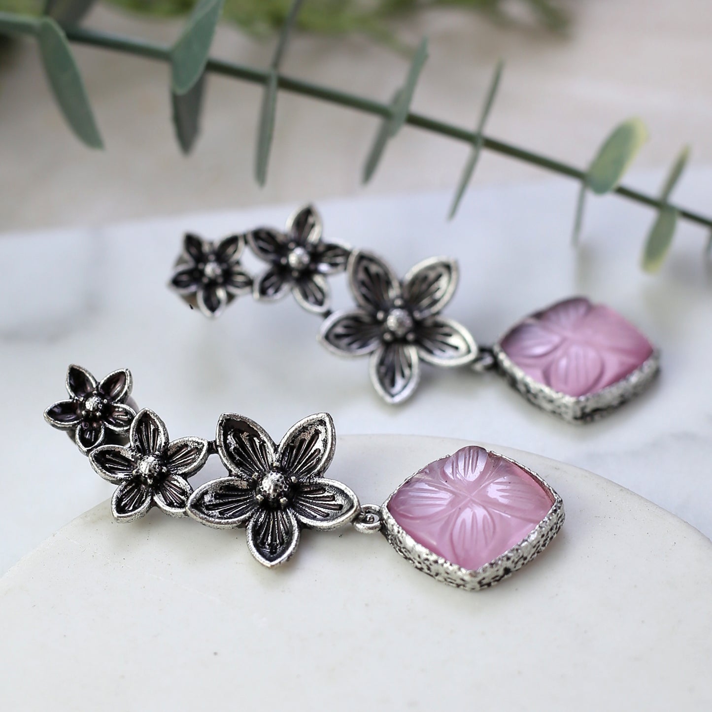 Pink Tribal Flower Drop Earring