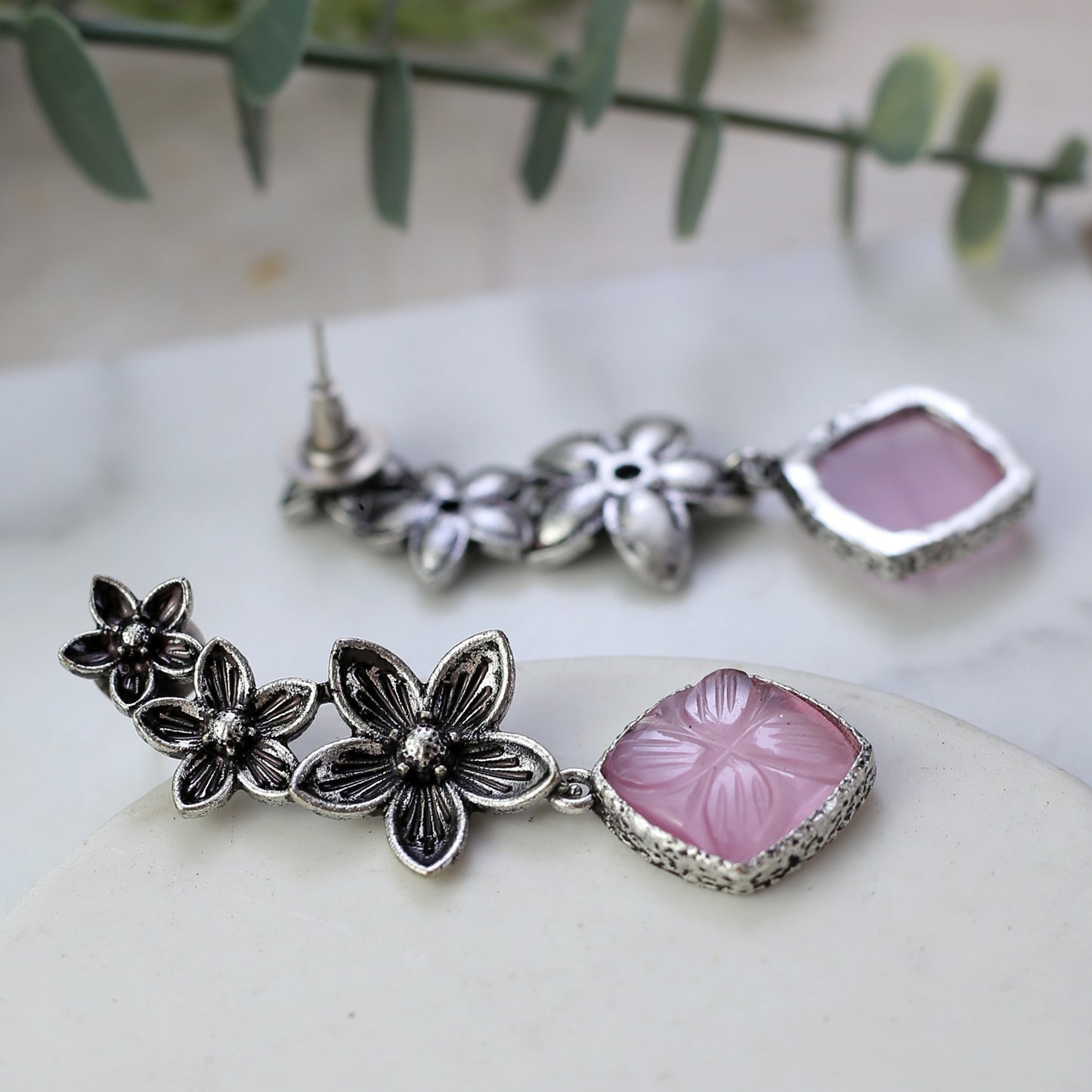 Pink Tribal Flower Drop Earring