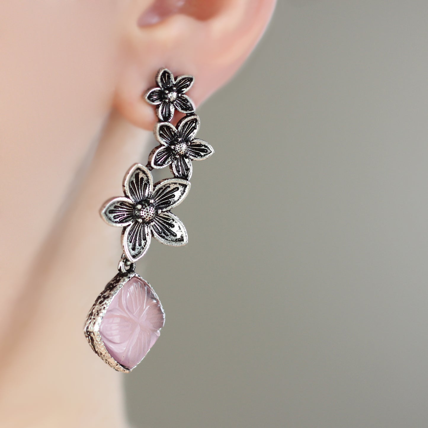 Pink Tribal Flower Drop Earring