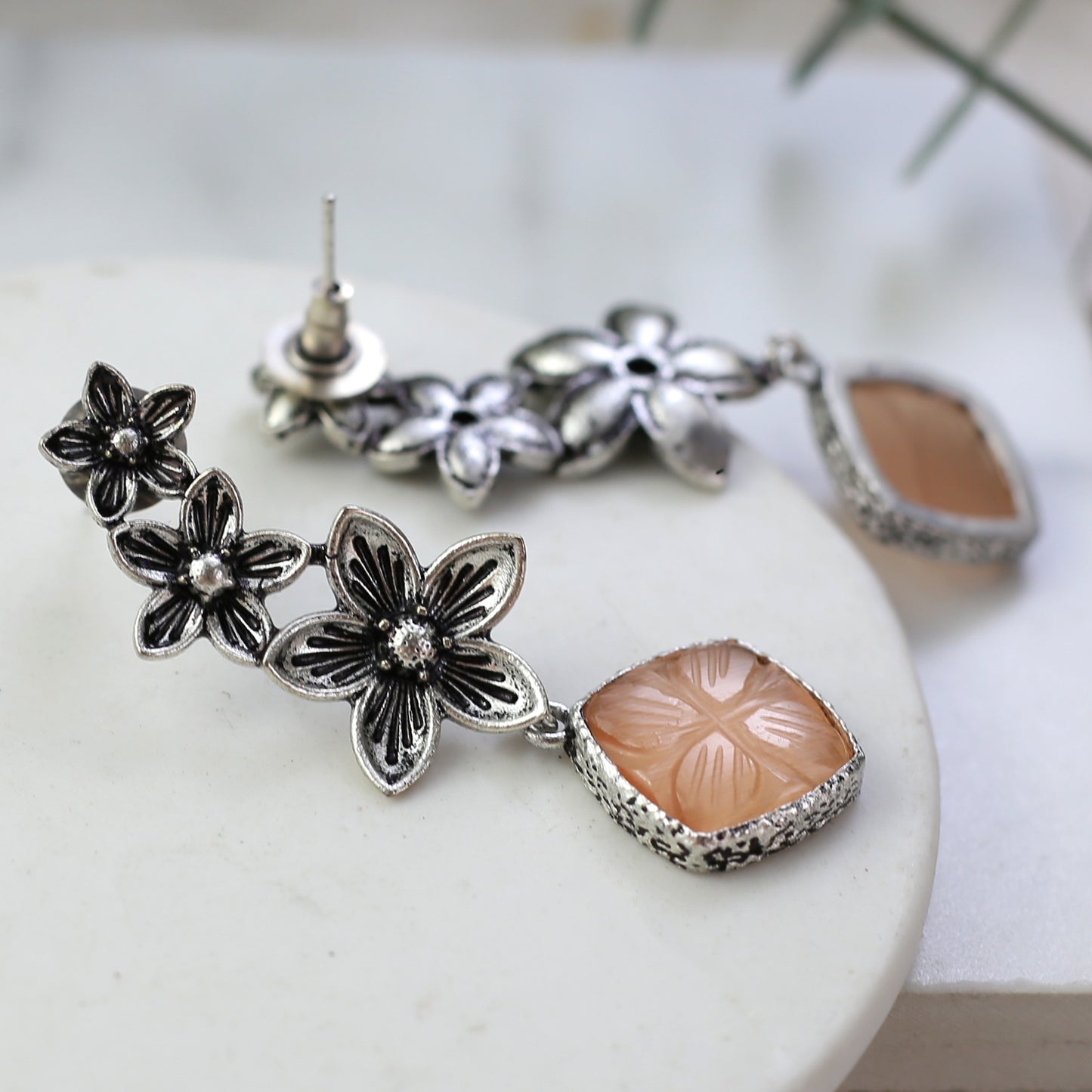 Peach Tribal Flower Drop Earring