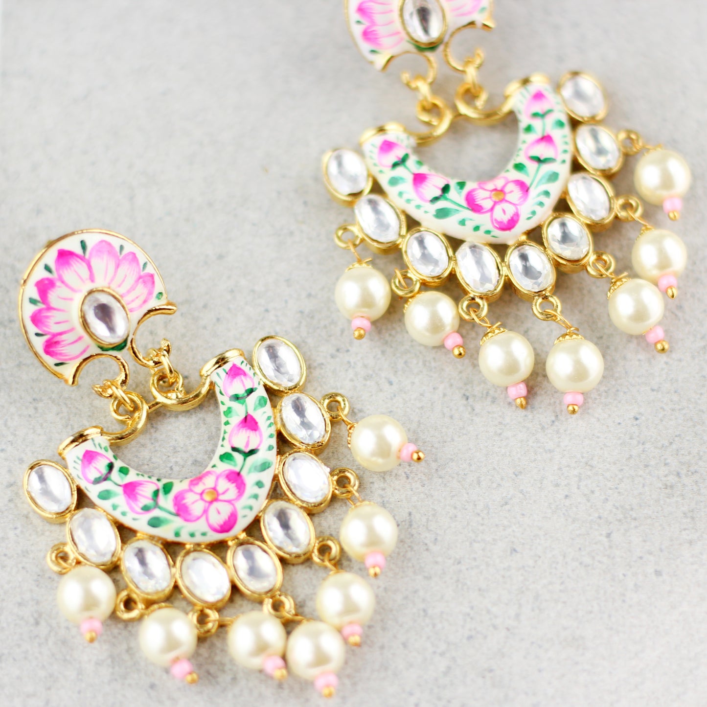 Pink / White Kundan Hand Painted Pearl Earring