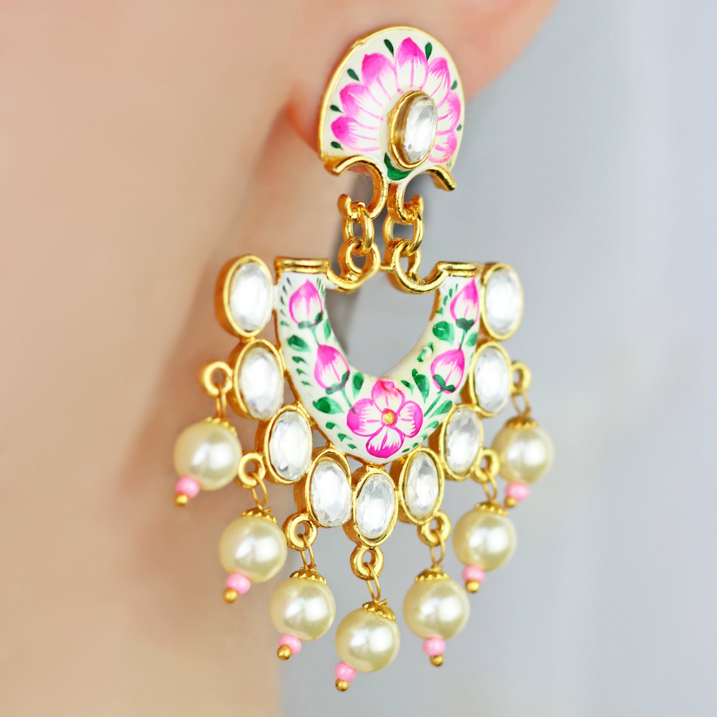 Pink / White Kundan Hand Painted Pearl Earring