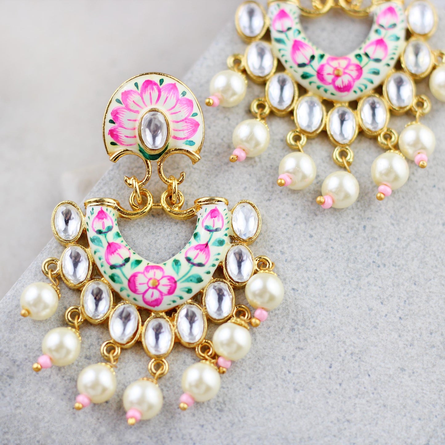 Pink / White Kundan Hand Painted Pearl Earring