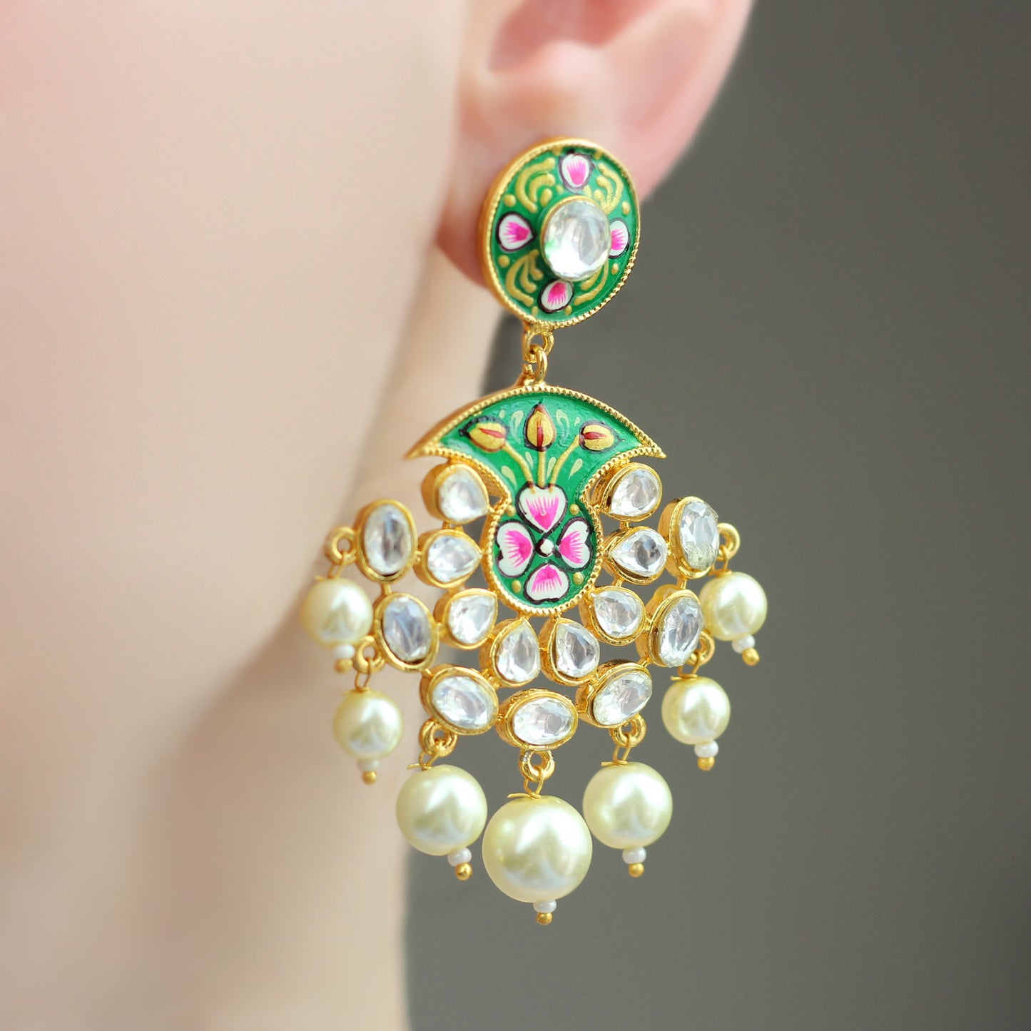 Hand Painted Green Pearl Drop Earrings