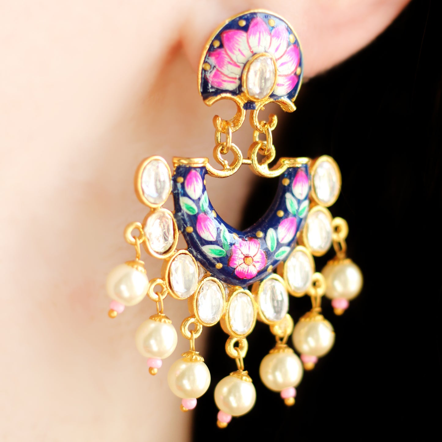 Blue Statement Hand Painted Pearl Earring