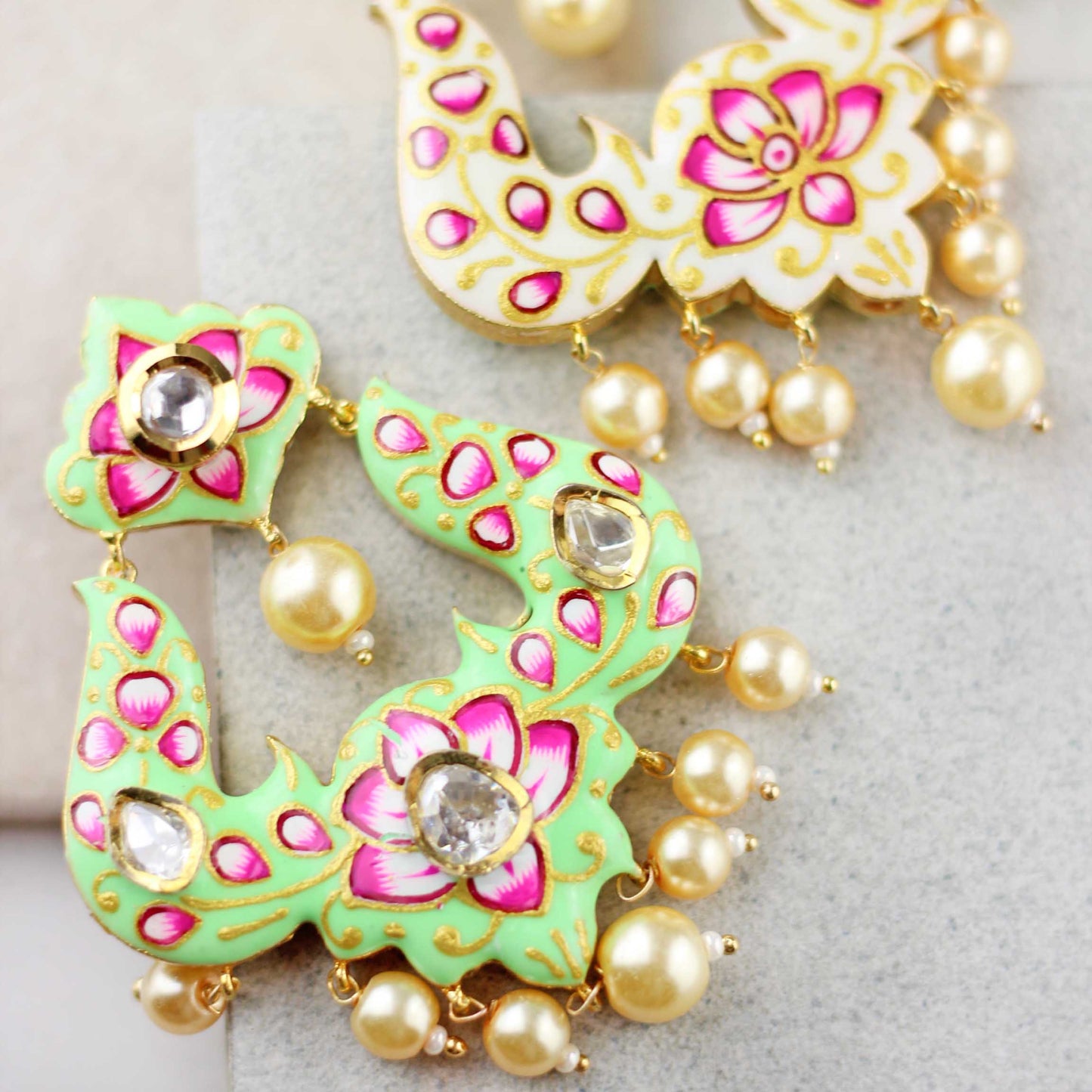 White / Green Double Sided Hand Painted Earring