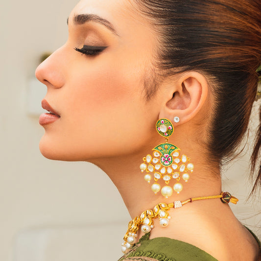 Green Hand Painted Pearl Drop Earring