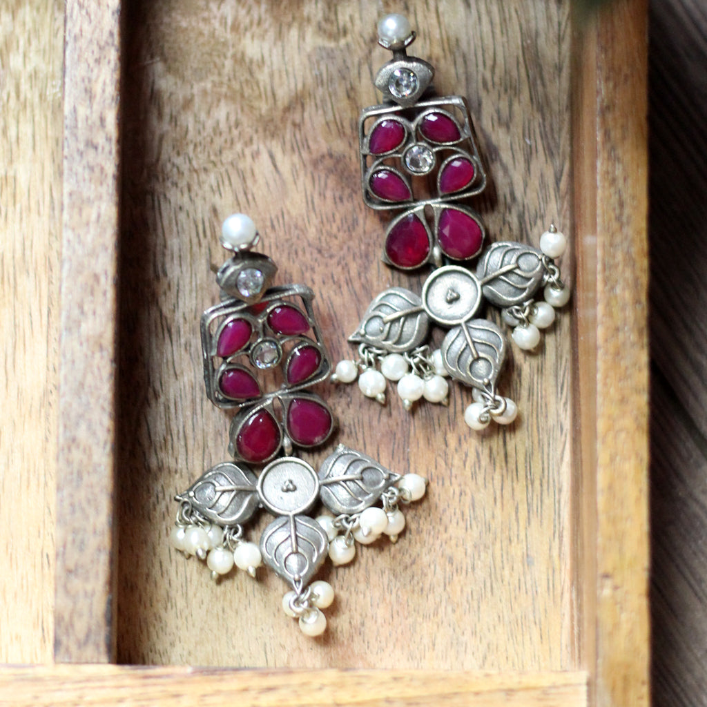 Dark Pink Tribal Flower Drop Earring