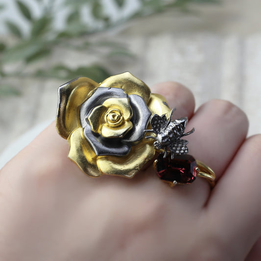 Statement Ruby Bee Flower Adjustable Ring - Rabal