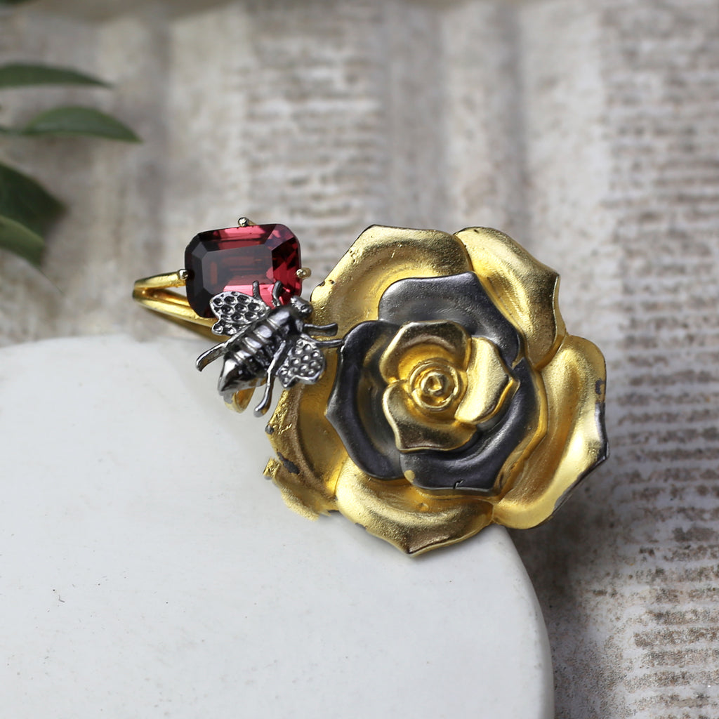 Statement Ruby Bee Flower Adjustable Ring - Rabal