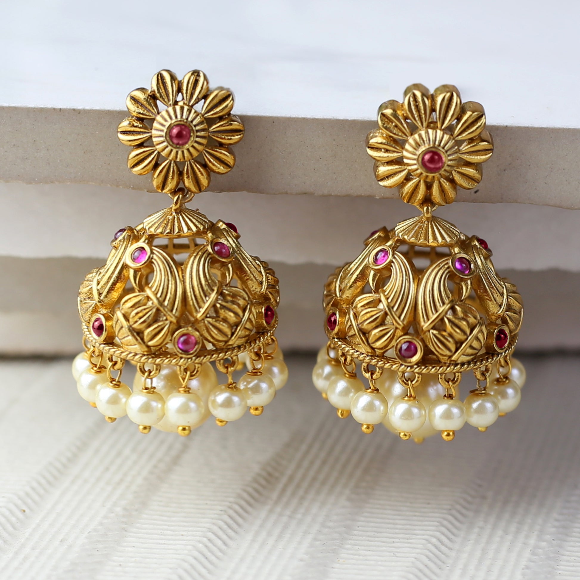 Ruby Flower Jhumke I Earring - Rabal