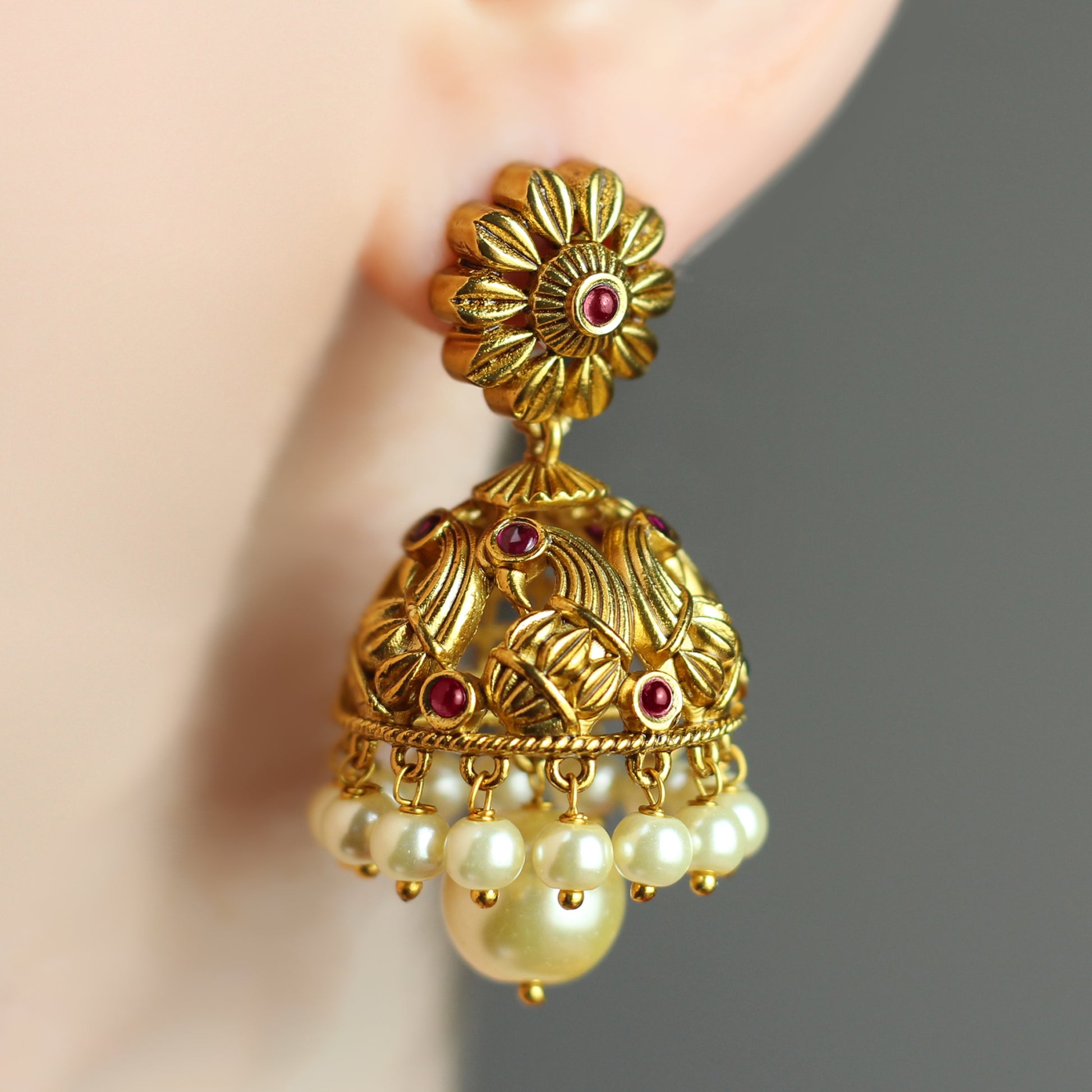 Ruby Flower Jhumke I Earring - Rabal