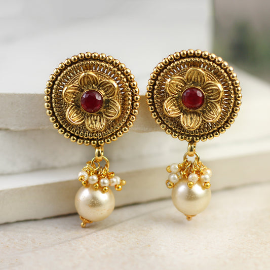 Traditional Ruby Pearl Drop Earring
