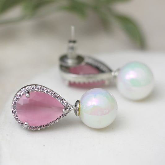 Pear Pink Pearl Drop Earring with Rainbow Pearl