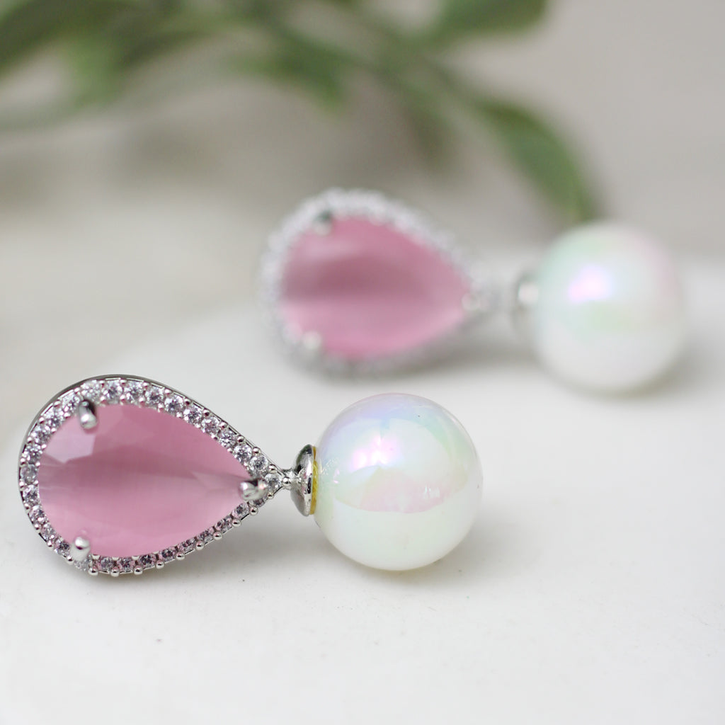 Pear Pink Pearl Drop Earring with Rainbow Pearl