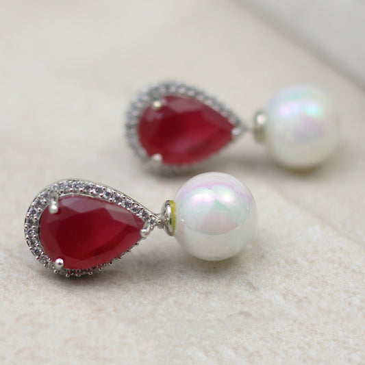 Red / Ruby Pear Pearl Drop Earring with Rainbow Pearl