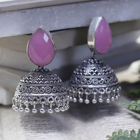 Pink Oxidised Jhumke I Earring