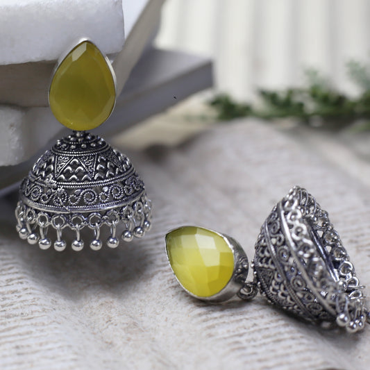 Yellow Oxidised Jhumke I Earring