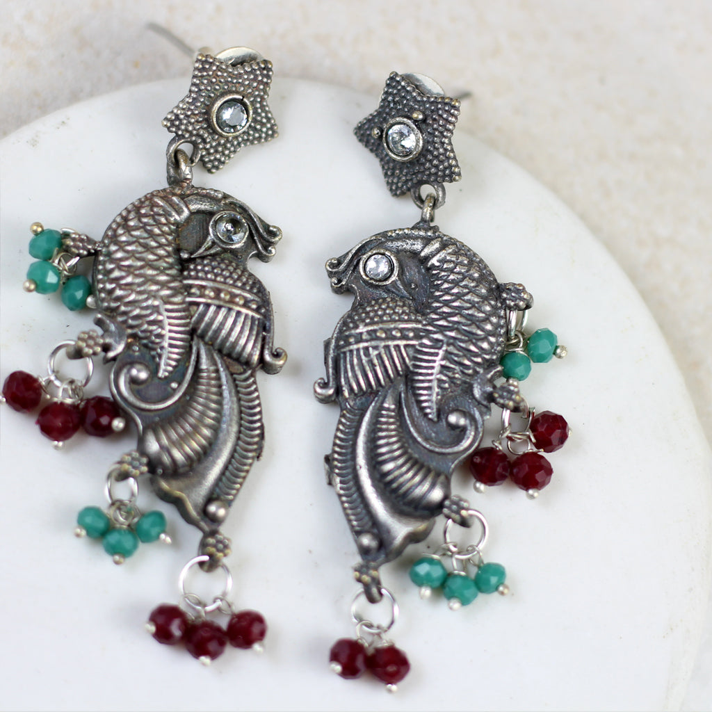 Maroon / Green Tribal Peacock Earring