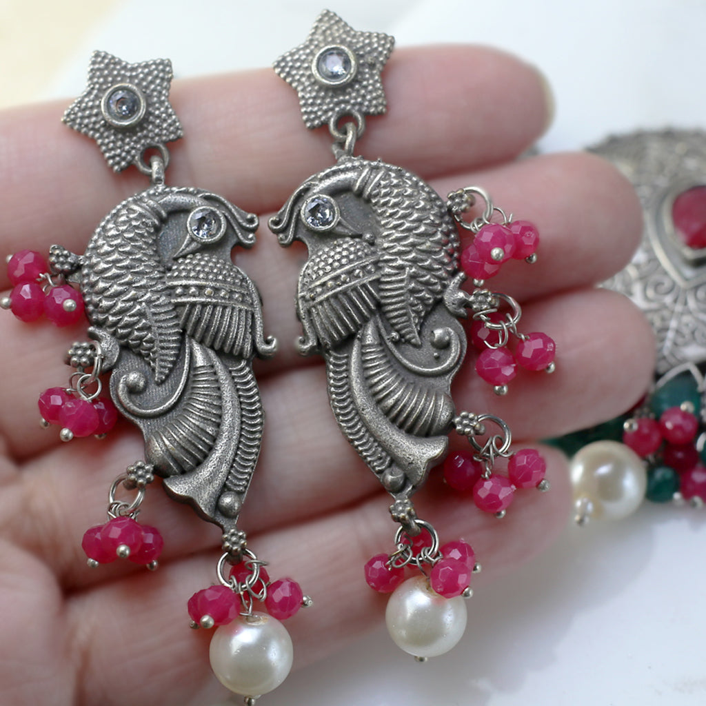 Dark Pink Tribal Peacock Earring - Rabal