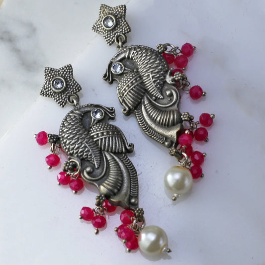 Dark Pink Tribal Peacock Earring - Rabal