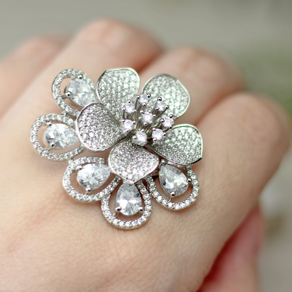 Silver Statement Flower Zircon Ring - Rabal