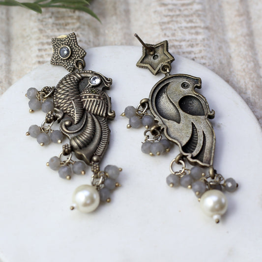 Grey Tribal Peacock Earring