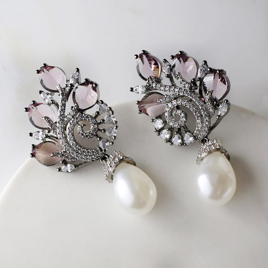 Pink Zircon Spiral Pearl Earring