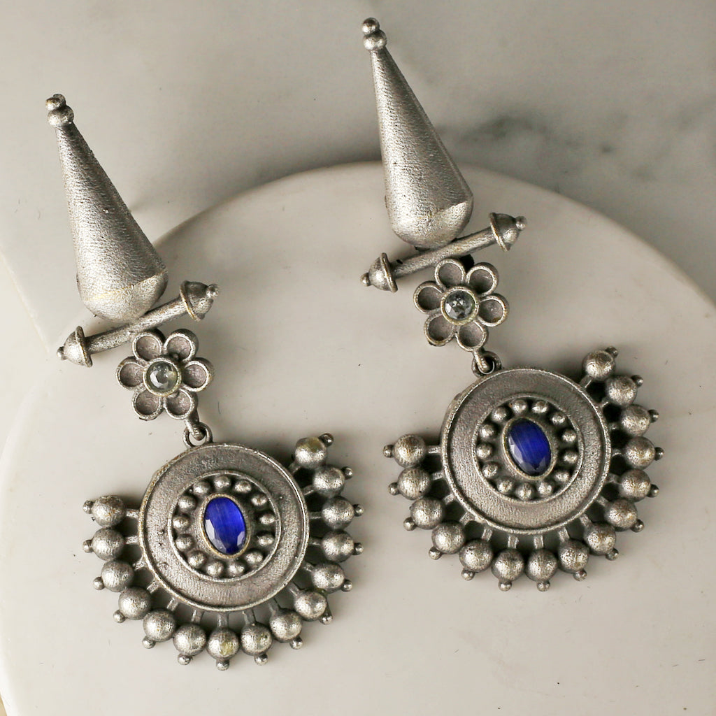 Blue Tribal Flower Drop Earring