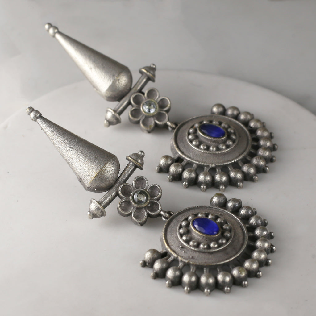 Blue Tribal Flower Drop Earring
