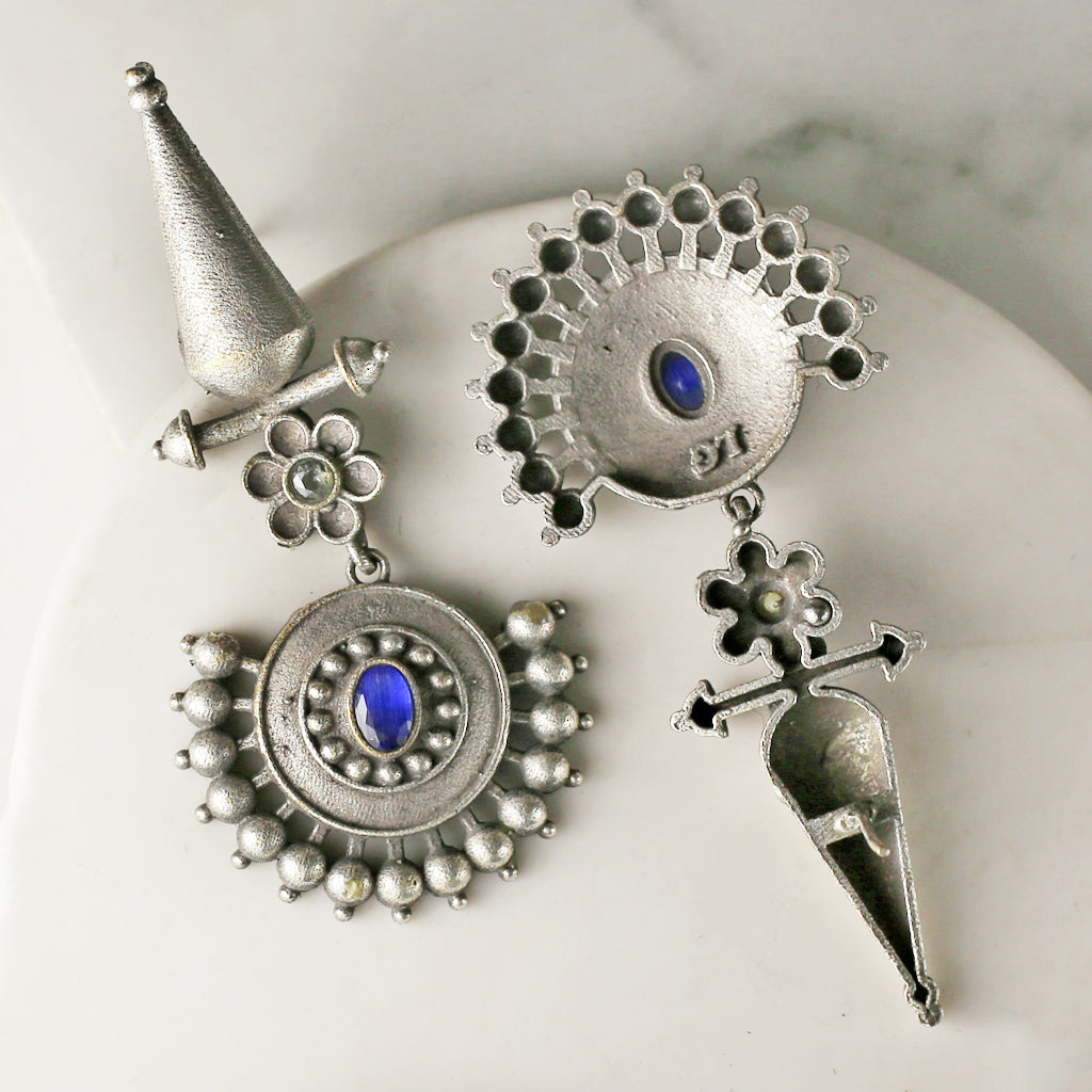 Blue Tribal Flower Drop Earring