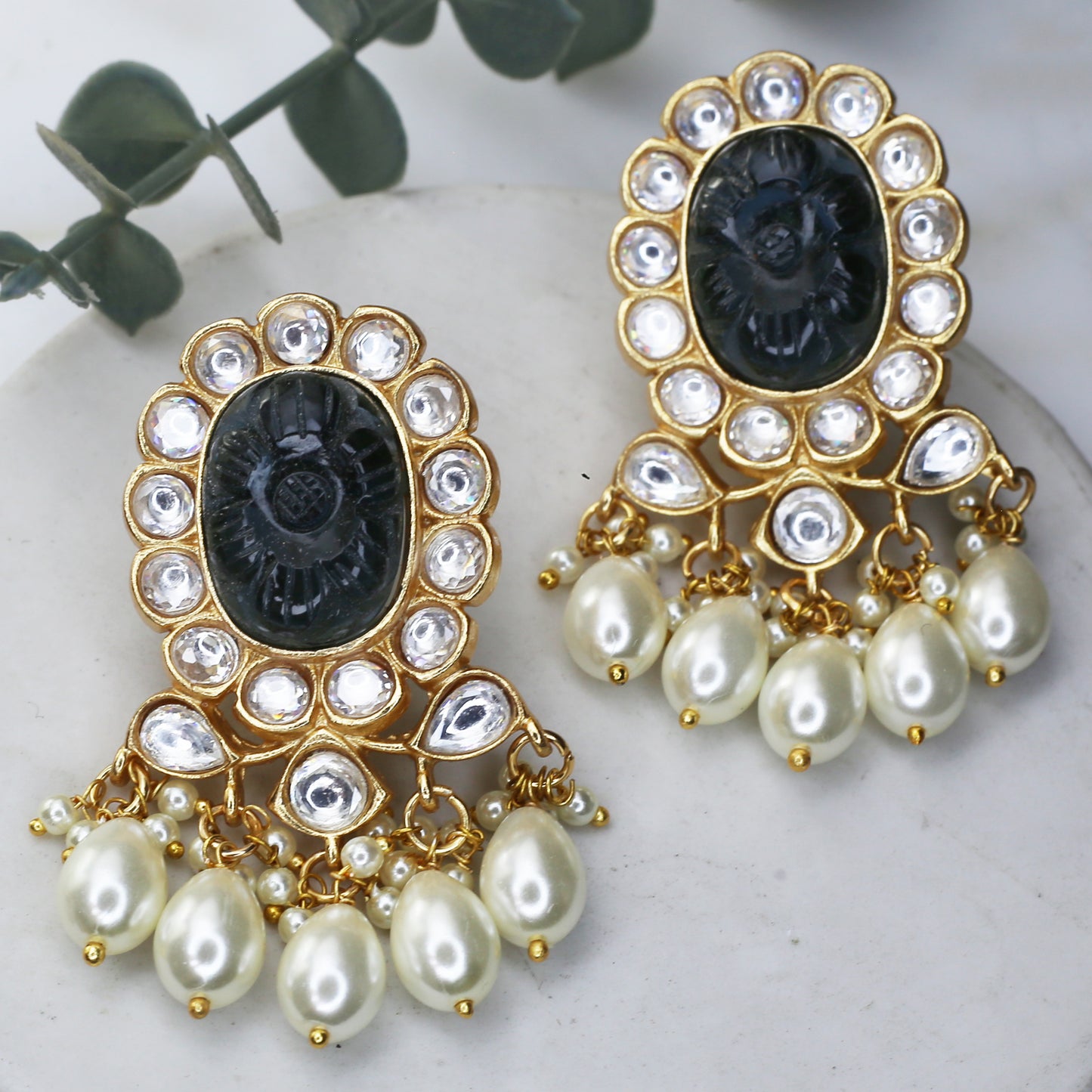 Blue Kundan Flower Drop Earring