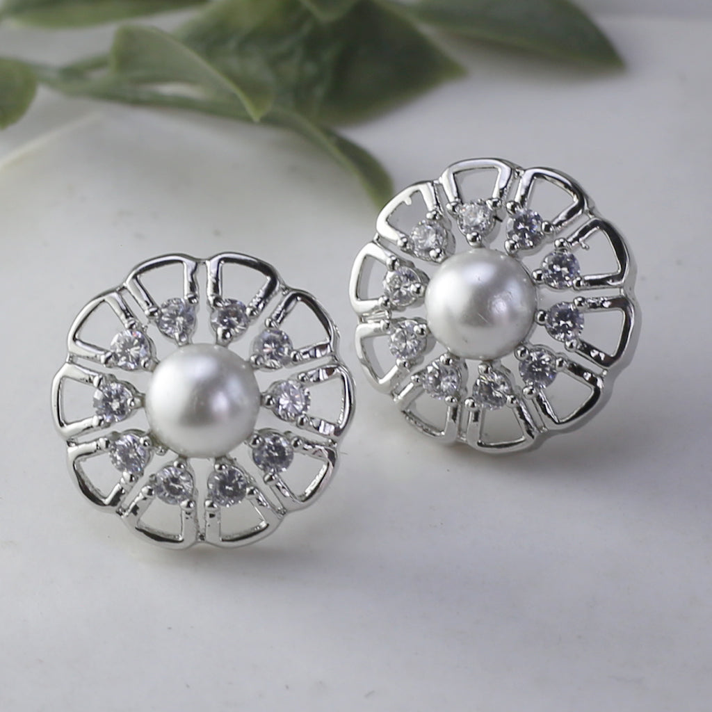 Silver Pearl Zircon Stud Earring
