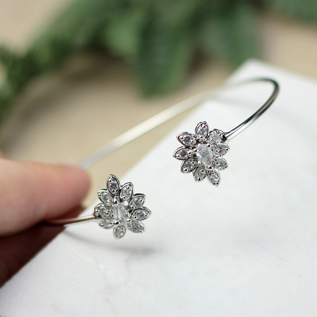 Flower Zircon Silver Bangle - Rabal