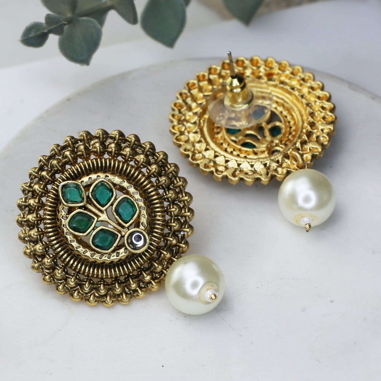 Green Traditional Pearl Drop Earring