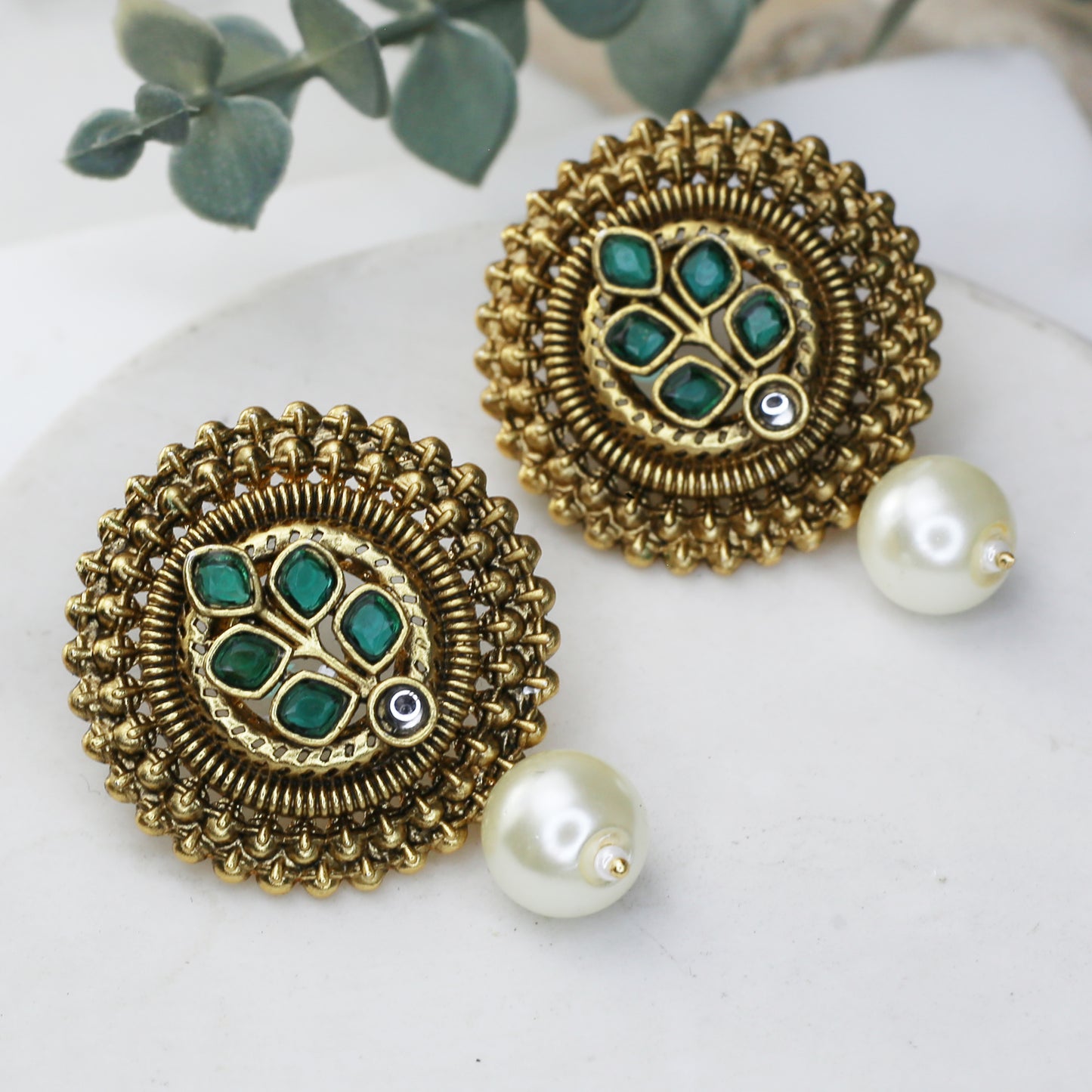 Green Traditional Pearl Drop Earring